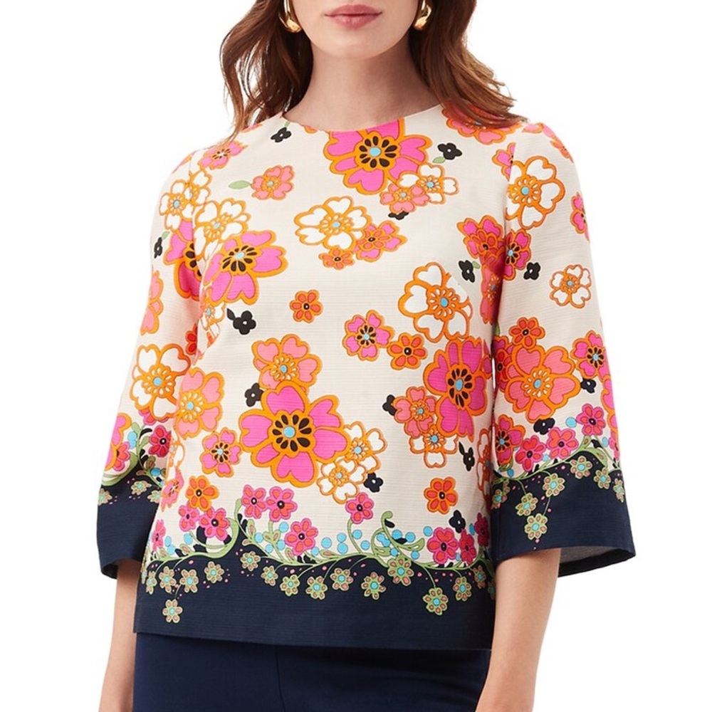 NEW Trina Turk Sprig Border Retro Floral Print 3/4 Sleeve Top - 4